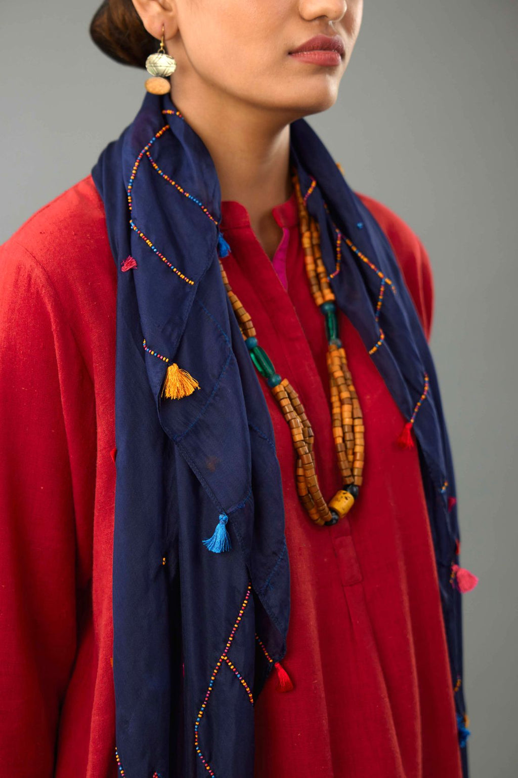 Navy blue light silk scarf with multi bead and tassel detail