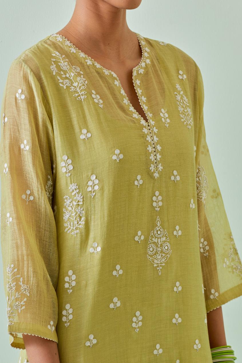 Green straight kurta set with all-over off white Dori embroidery and highlighted with delicate beaded work.