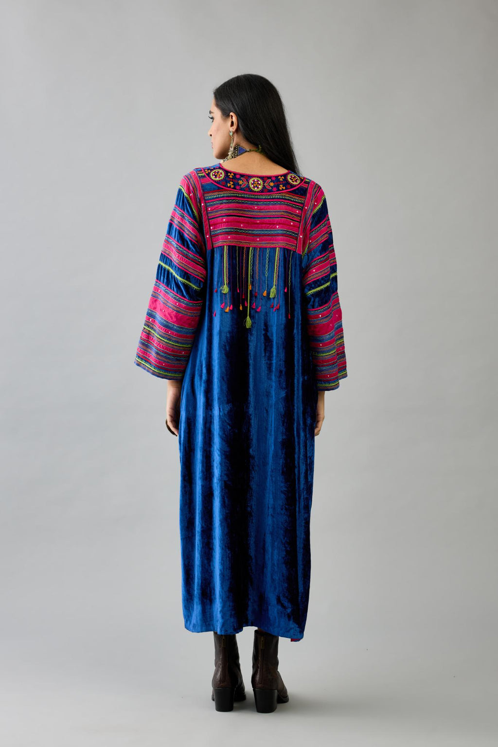 Blue Silk velvet easy fit long kaftan detailed with patch, silk thread, mirror & sequins work.