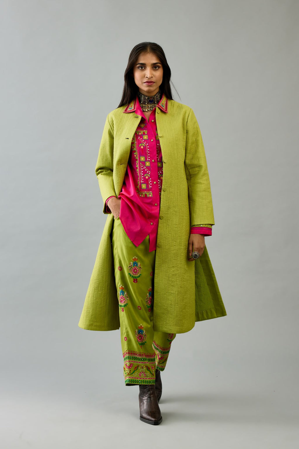 Apple Green silk, quilted mid- length front open jacket set.
