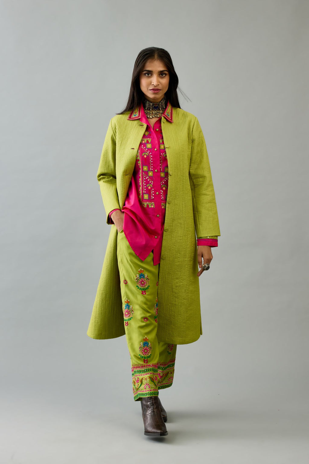 Apple Green silk, quilted mid- length front open jacket set.