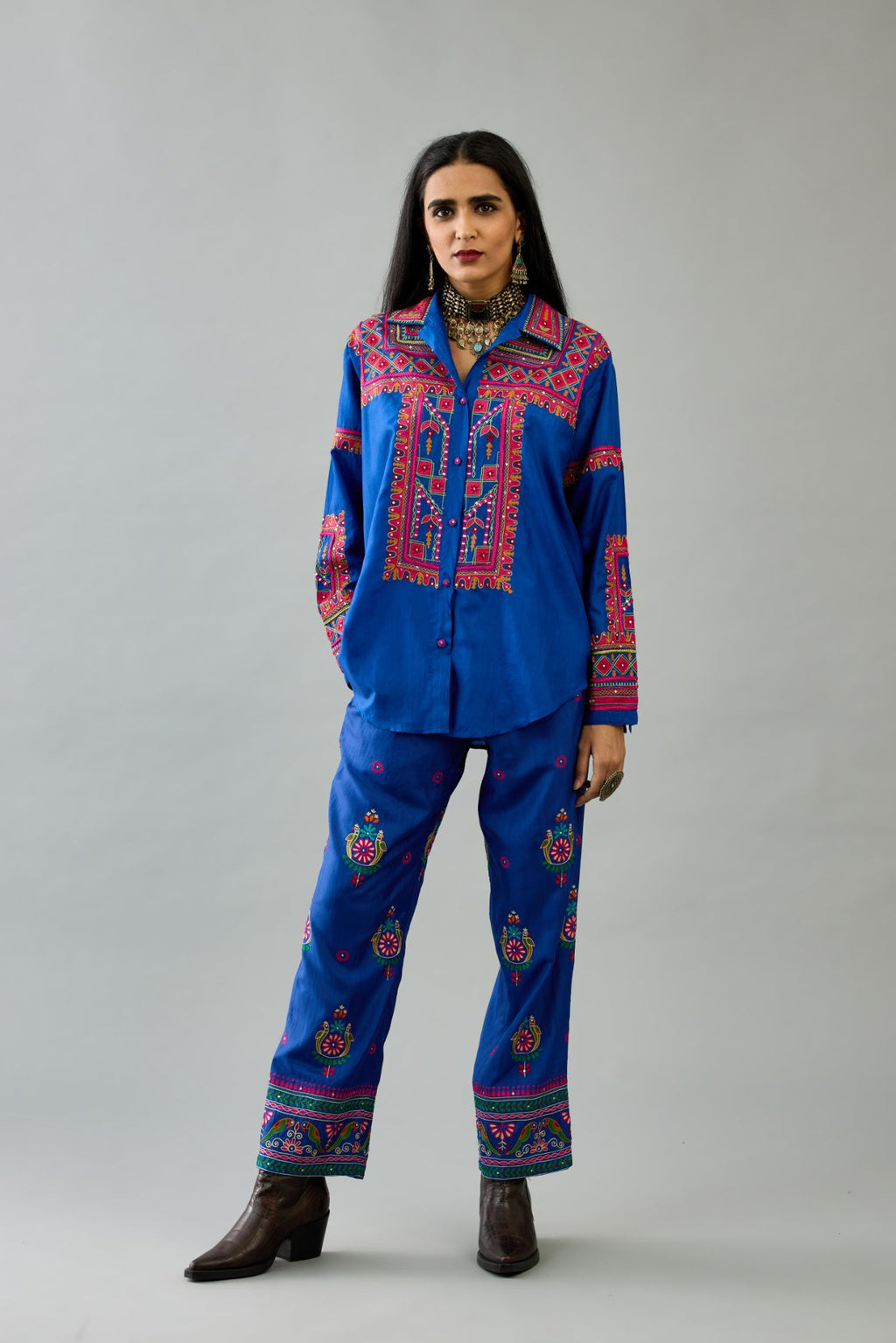 Blue silk embroidered shirt set with full sleeves.