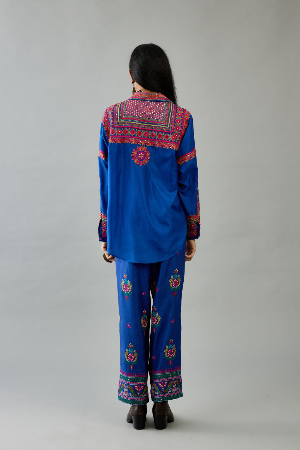 Blue silk embroidered shirt set with full sleeves.