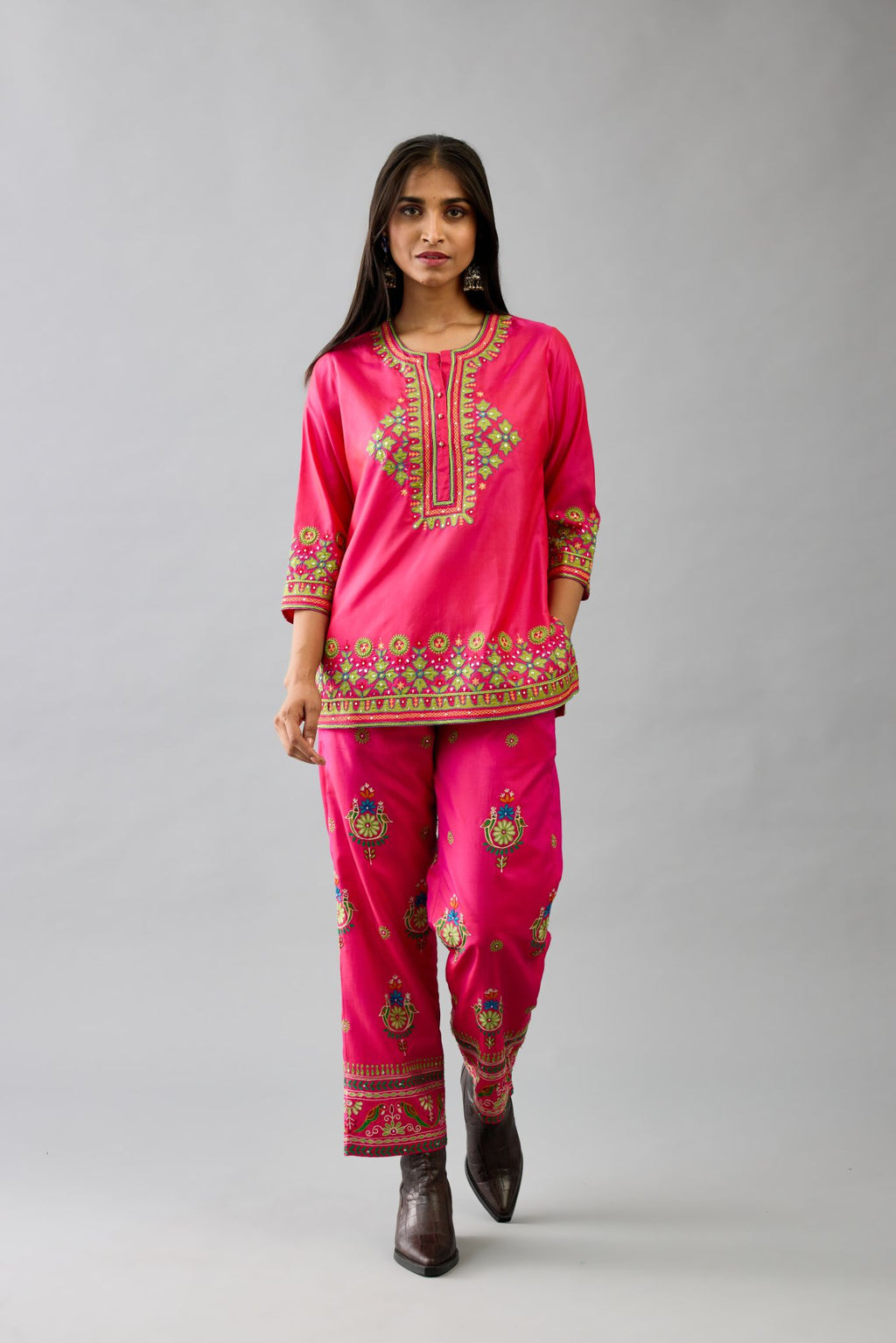 Fuchsia silk embroidered short top set with 3/4th sleeves.