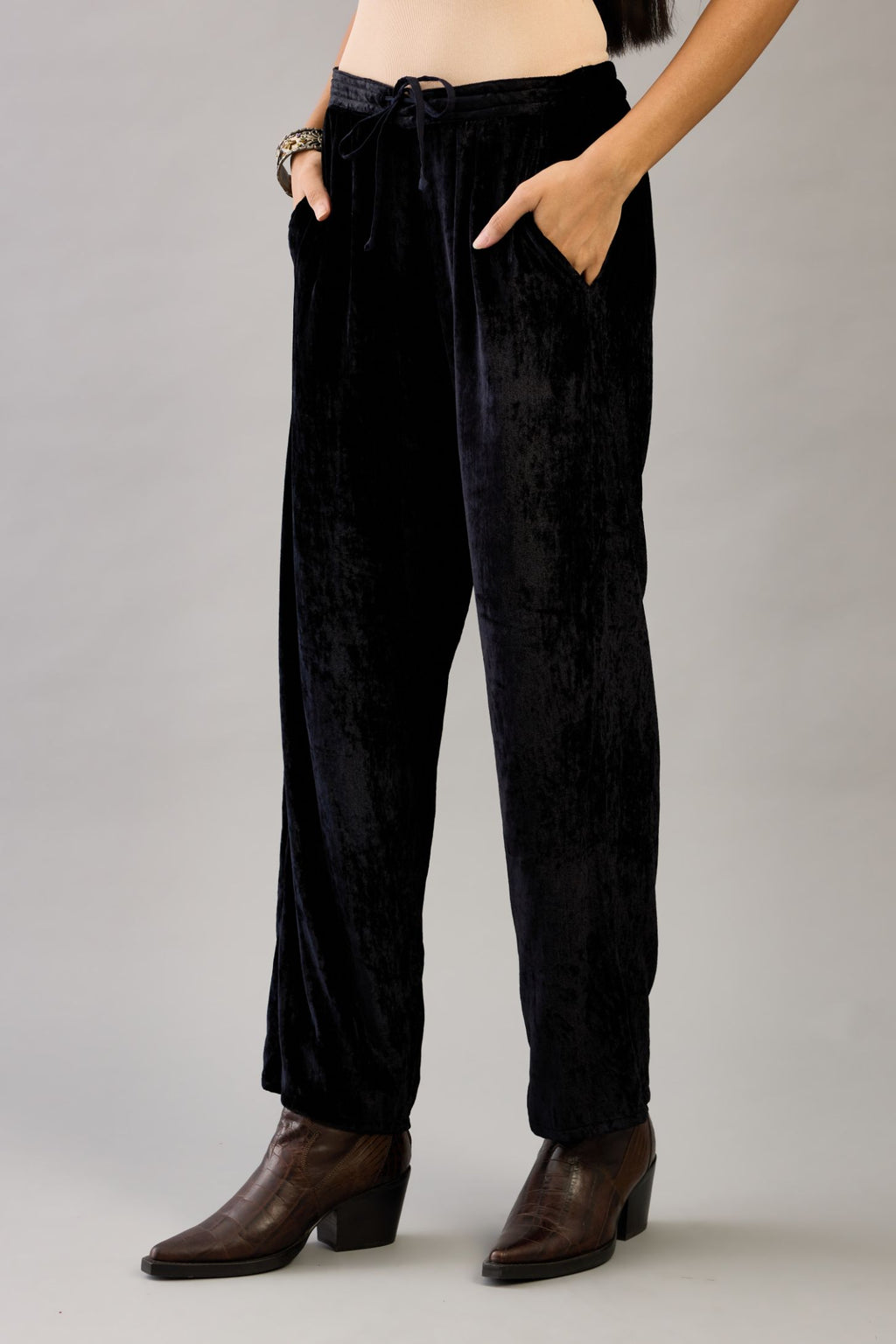 Black silk velvet straight pants.