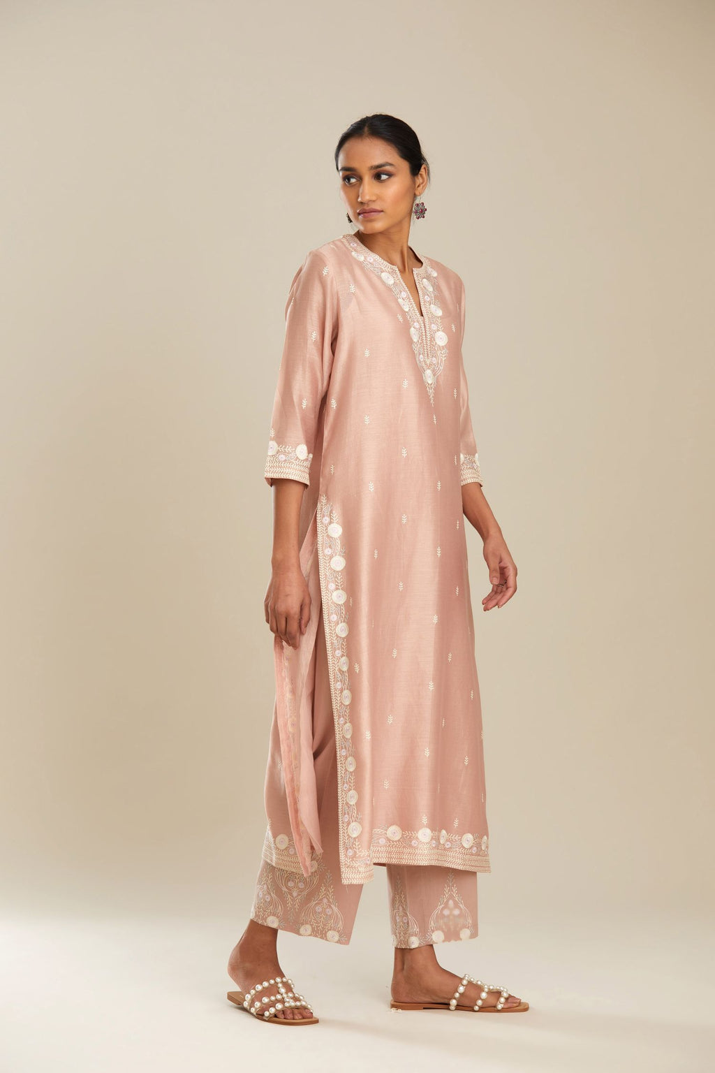Old rose silk chanderi straight kurta set with pastel silk thread embroidery