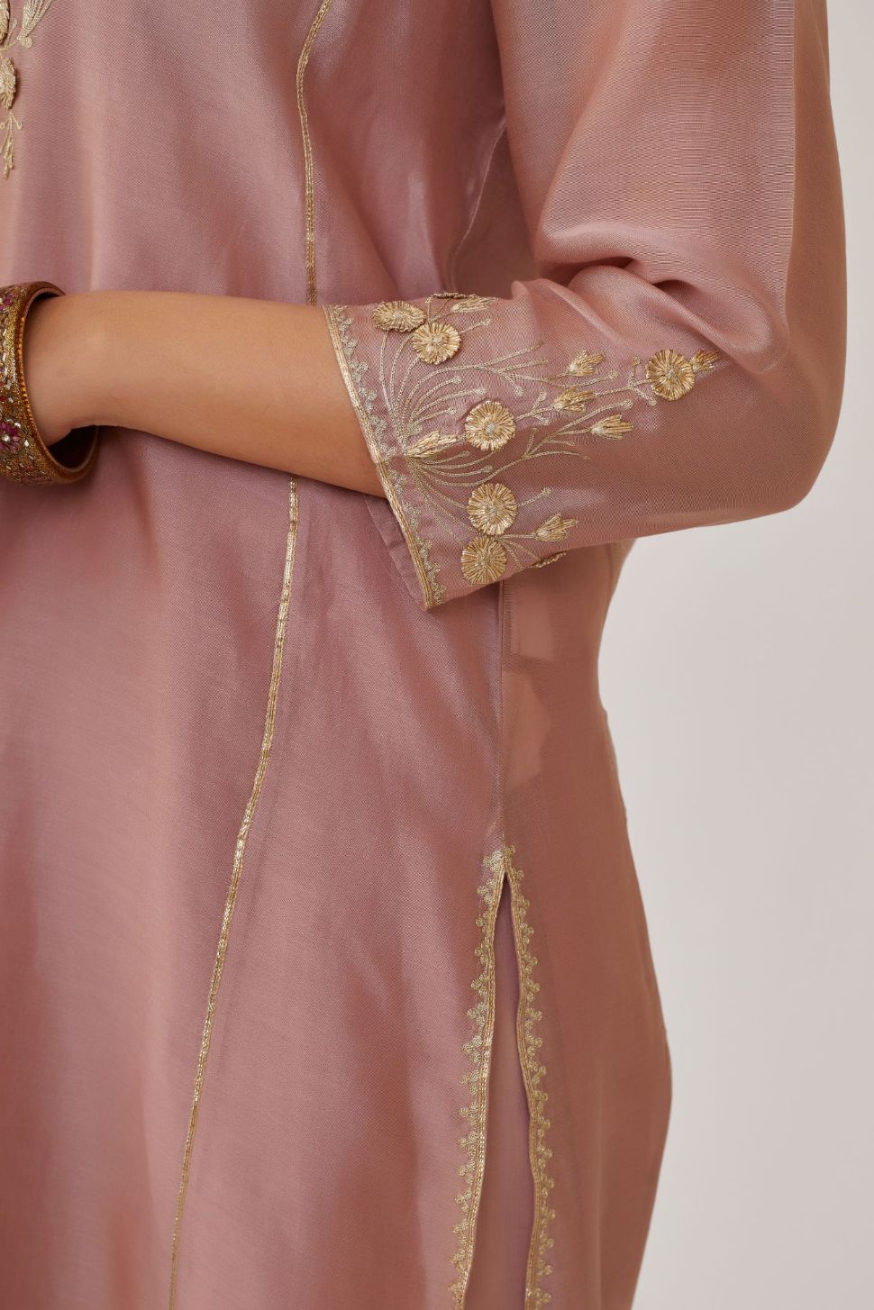 Lilac silk chanderi kurta set with gota embroidered neckline and hem