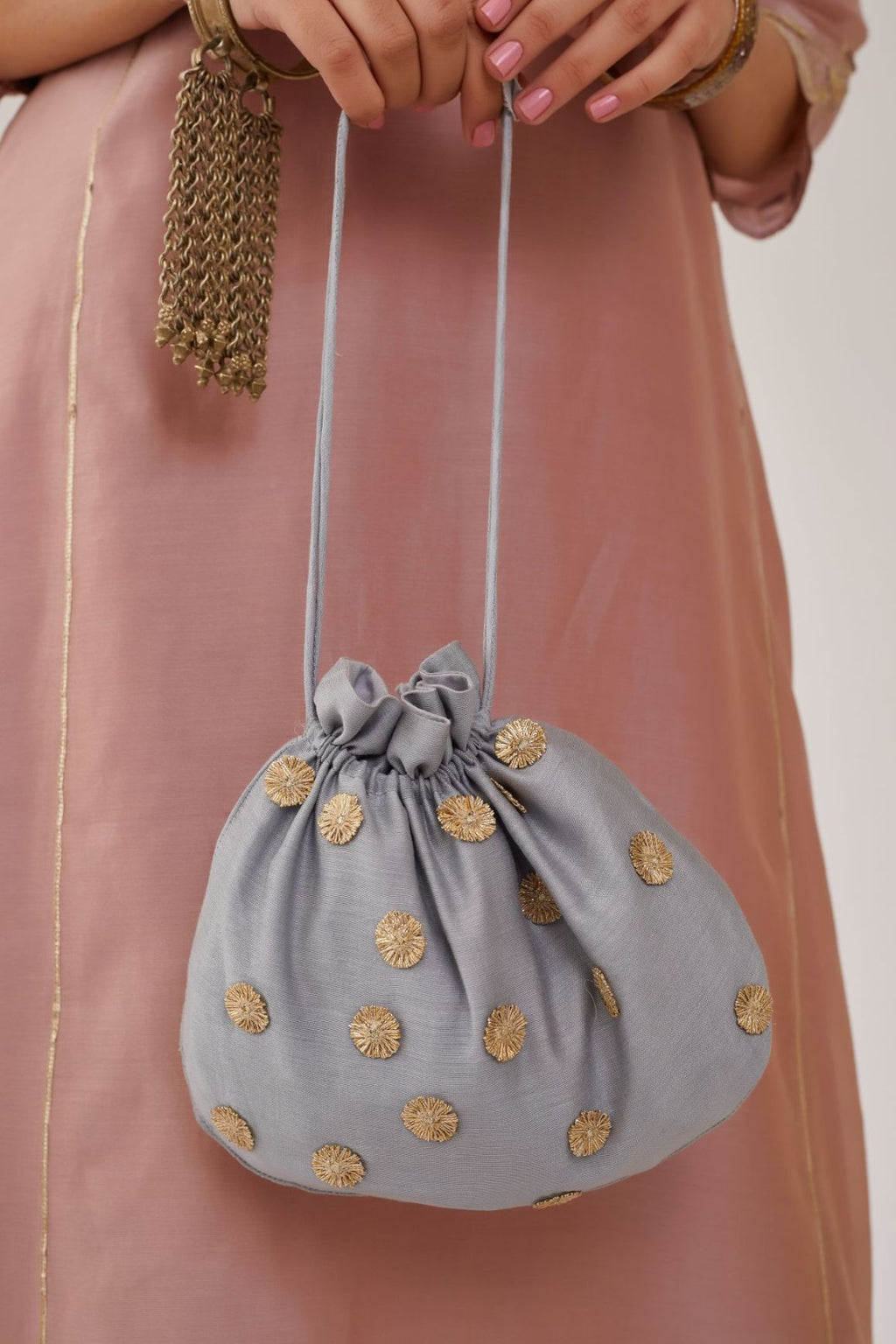 Lilac silk chanderi kurta set with gota embroidered neckline and hem