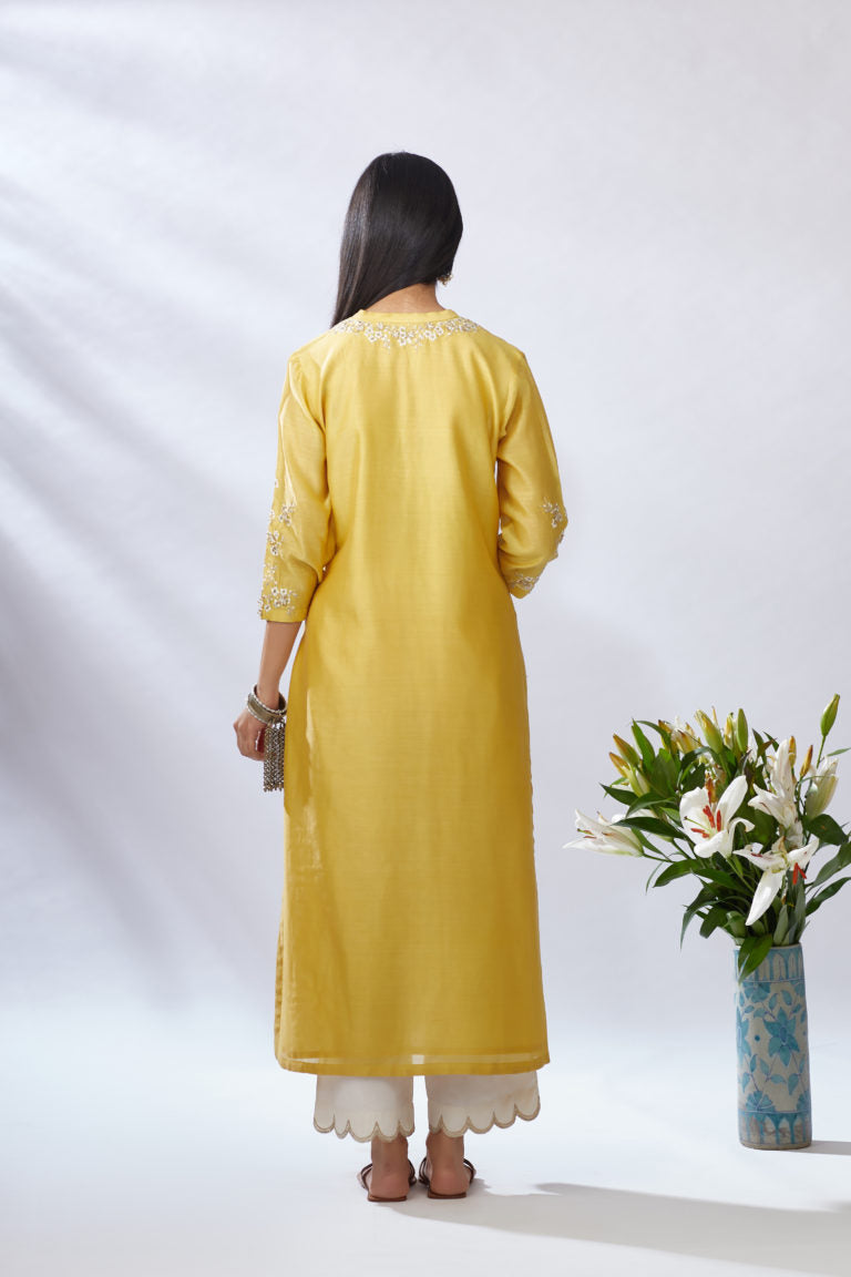 Yellow straight kurta set, detailed with gota and sequin embroidery
