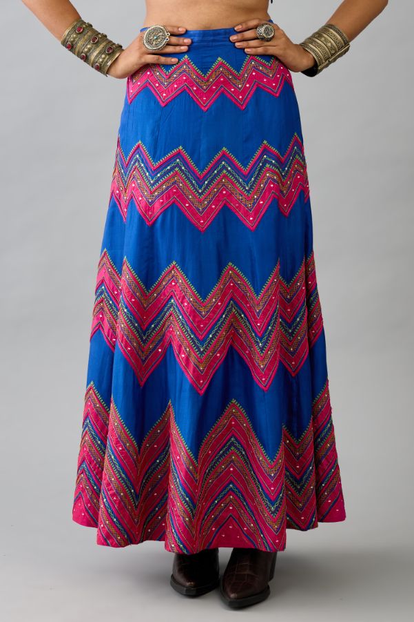 Blue silk skirt with all over zigzag pattern embroidery