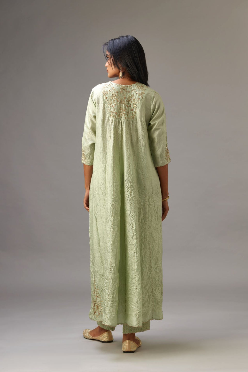 Green hand crushed silk kurta dress with a V neck embroidered yoke and panels.