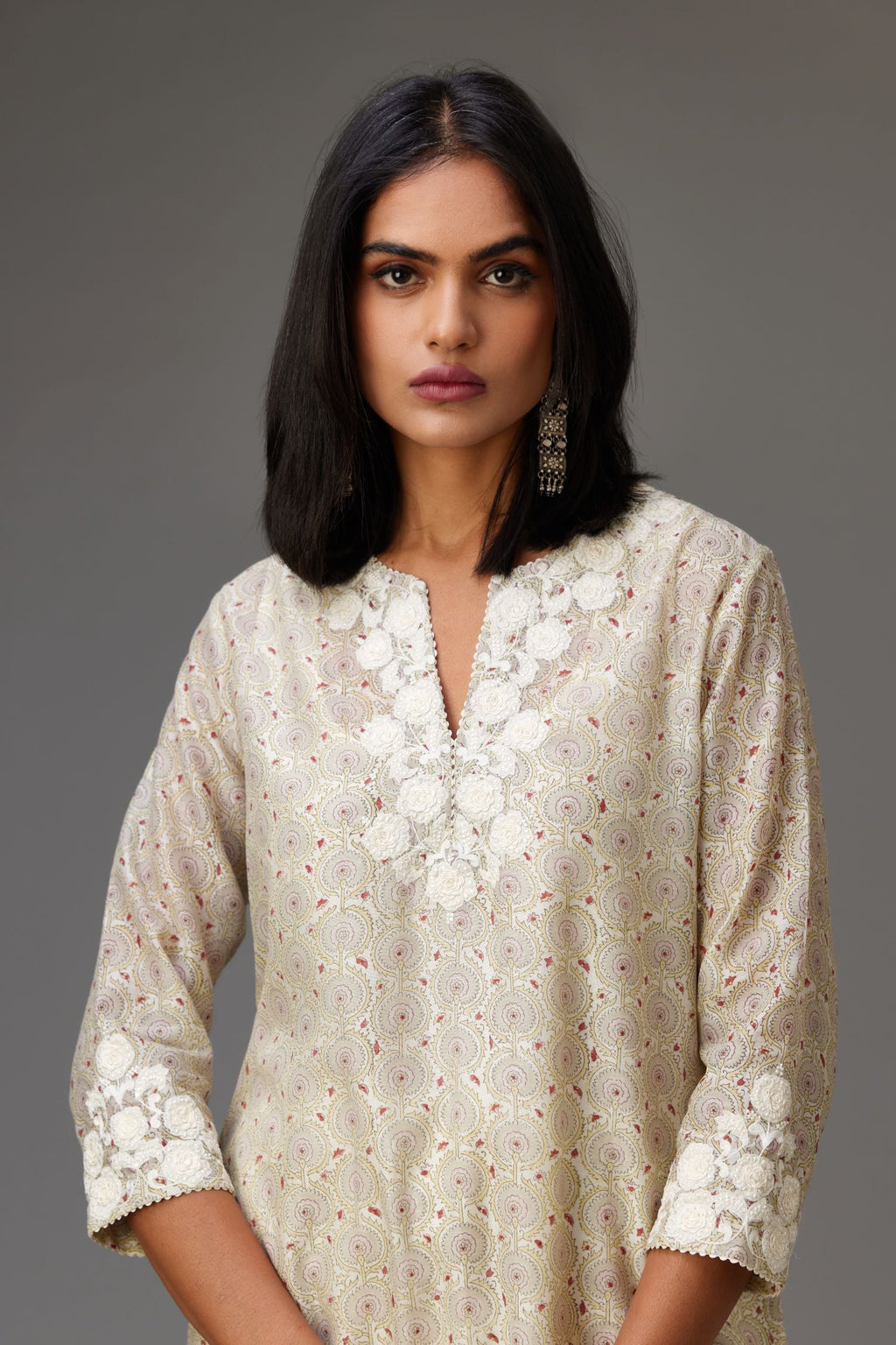 Yellow and grey Silk Chanderi hand-block printed kurta set with appliqué embroidery, highlighted with lace and sequins