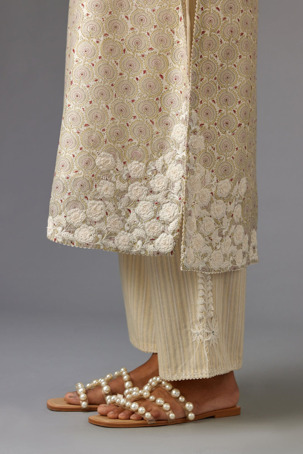 Yellow and grey Silk Chanderi hand-block printed kurta set with appliqué embroidery, highlighted with lace and sequins