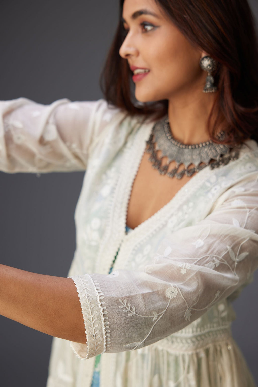 Off-white cotton chanderi front open kurta with all over tonal jaal embroidery, highlighted with sequins, beaded work and ric-rac.