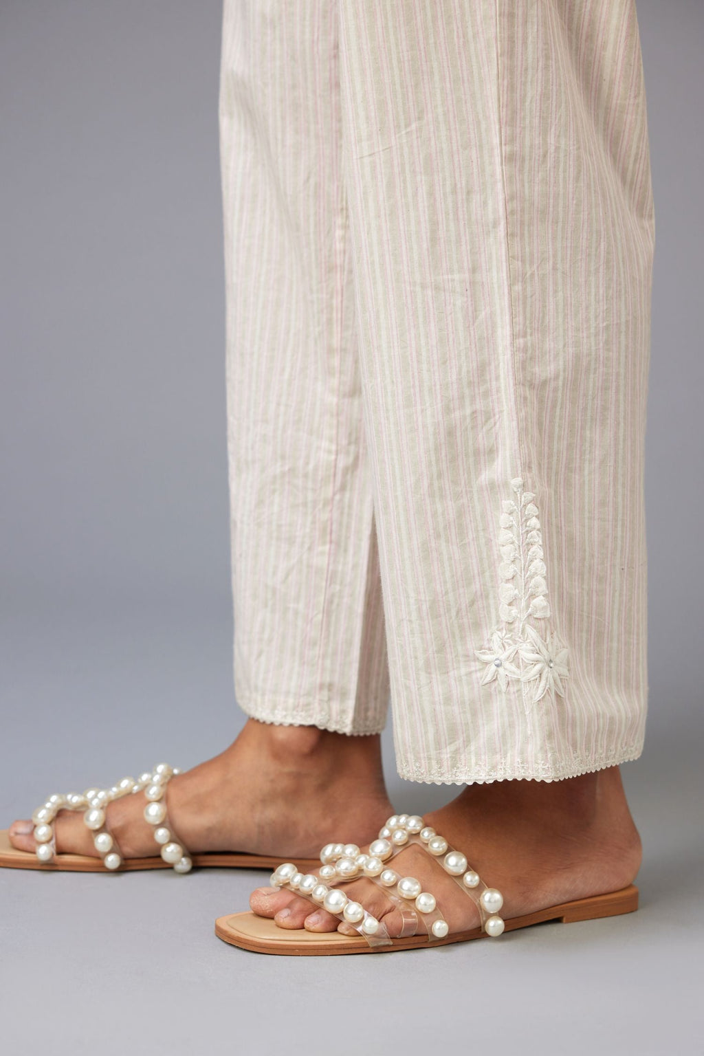 Pink and grey printed stripe Cotton straight pants with a chiffon embroidered boota at the hem.