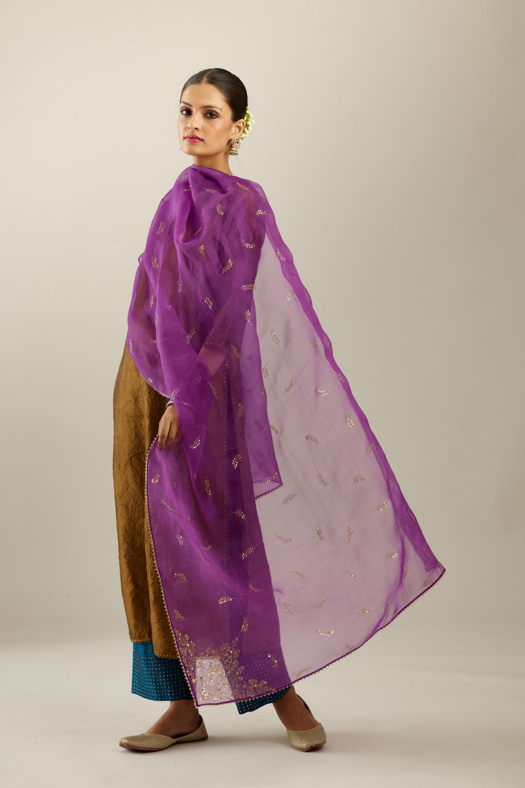 Sangria silk organza dupatta with embroidered leaf clusters on all four corners of the dupatta and small leaf motif sprayed all over it.