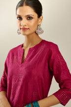 Jazzberry jam hand crushed silk straight kurta, highlighted with all-over gold sequins rectangles, paired with  golden olive hand crushed silk straight pants with scalloped and embroidered organza at edges.