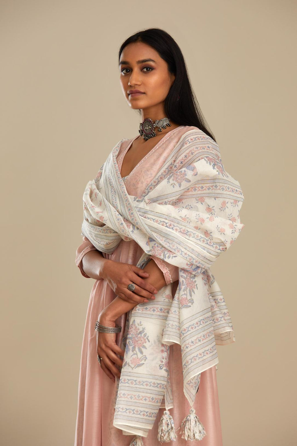 Off-white & pink cotton chanderi hand block printed dupatta.