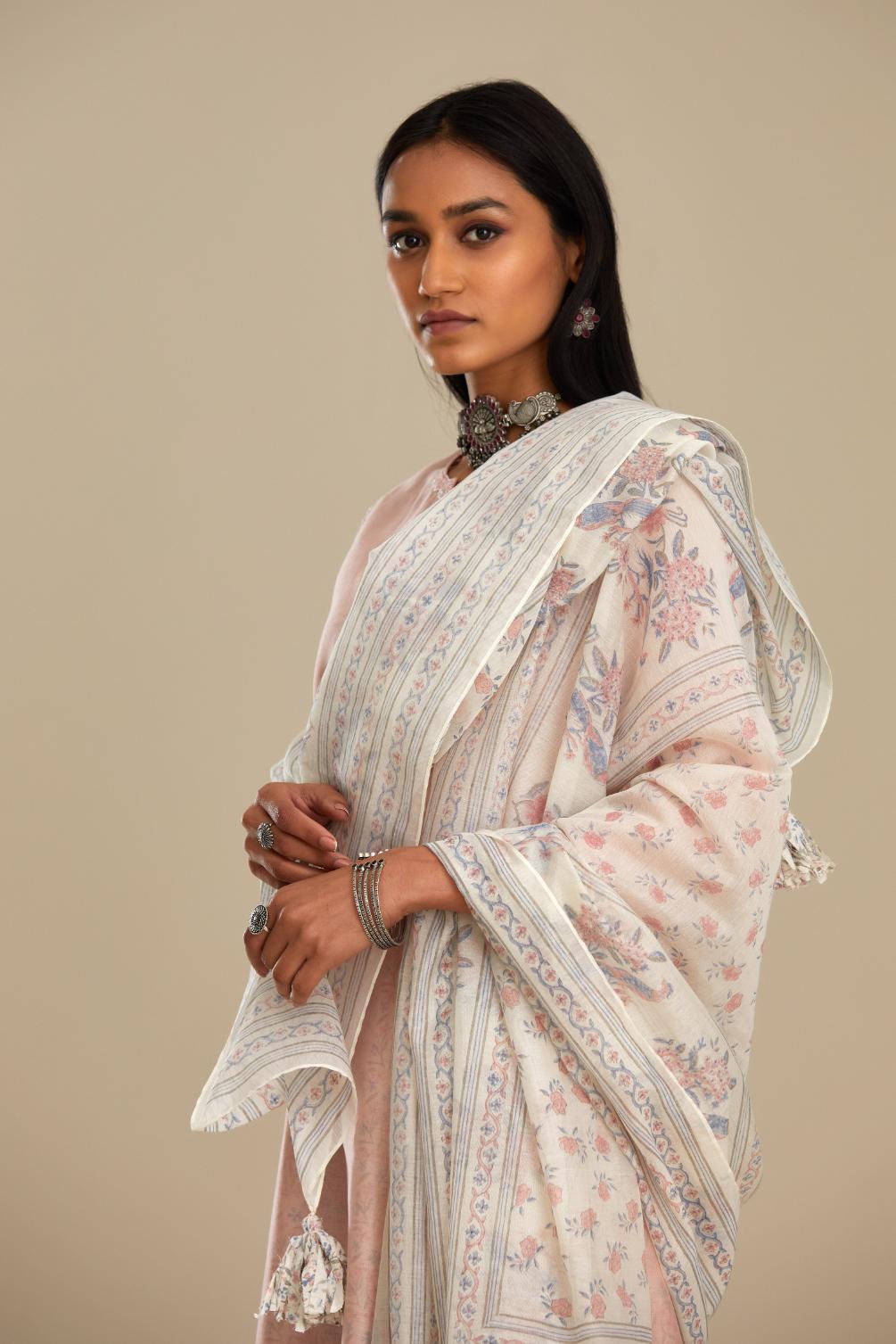 Off-white & pink cotton chanderi hand block printed dupatta.