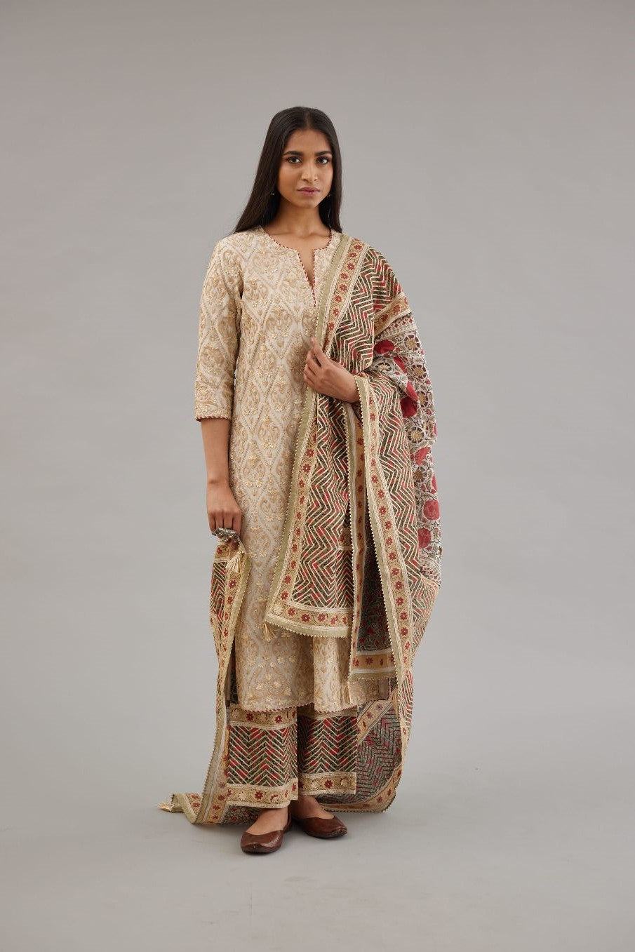 Off white cotton chanderi straight kurta set with all-over dori and gota embroidery, highlighted with gold sequin work.