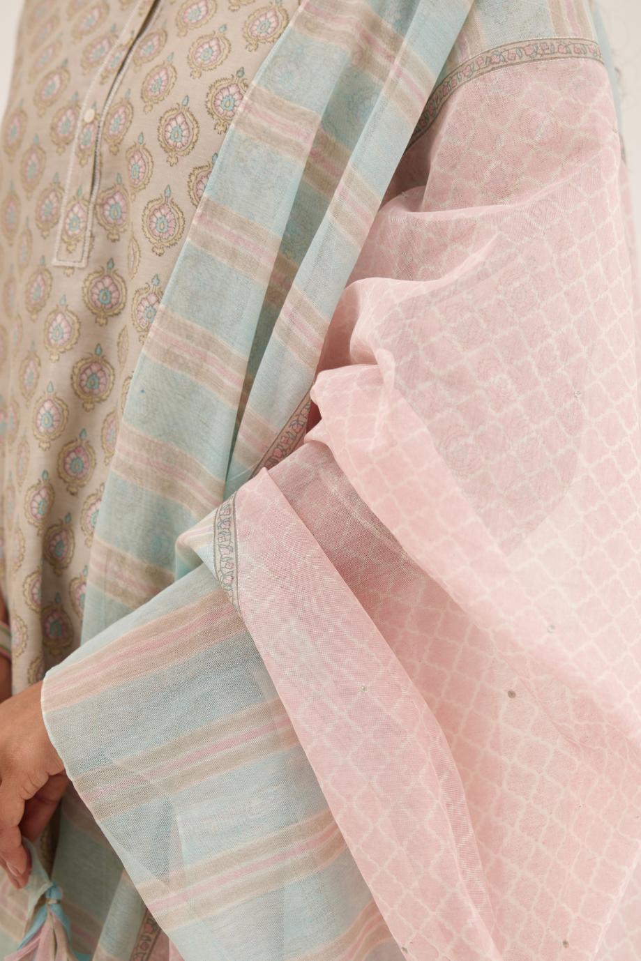 Pink and blue hand block printed cotton chanderi dupatta with thread tassels