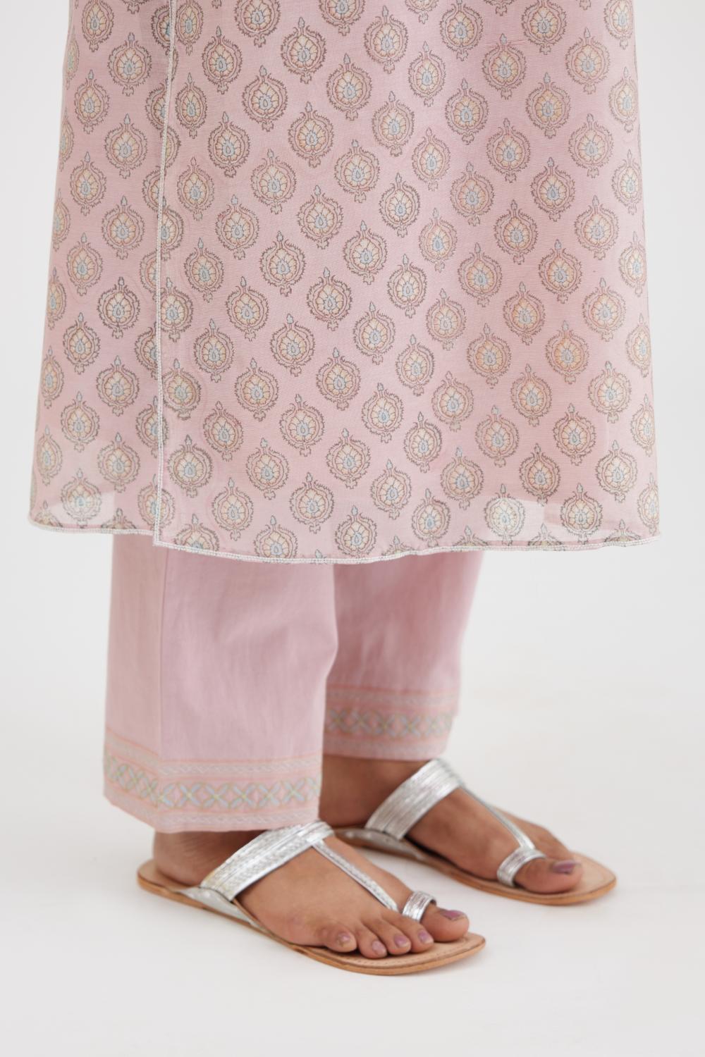 Pink silk chanderi straight kurta set with all-over hand block print and silver bugle beads detailing.