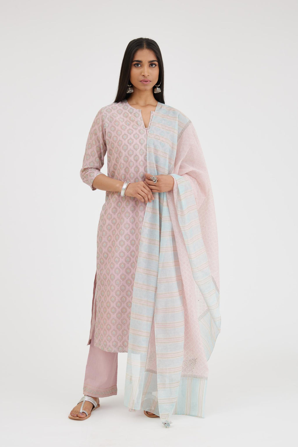 Pink and blue hand block printed cotton chanderi dupatta with thread tassels