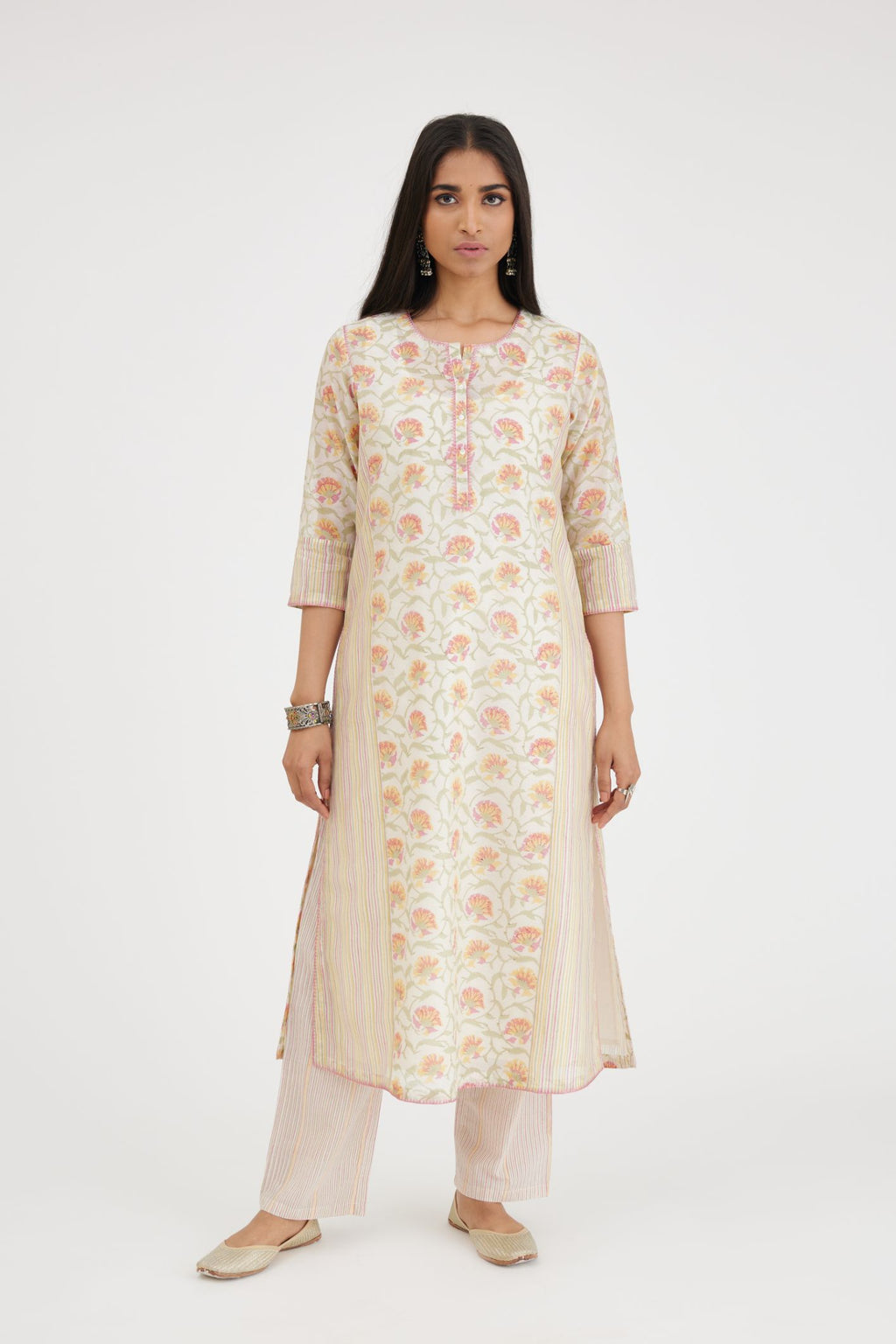 Pink and green straight kurta with hand block print, front placket neckline & side slits.