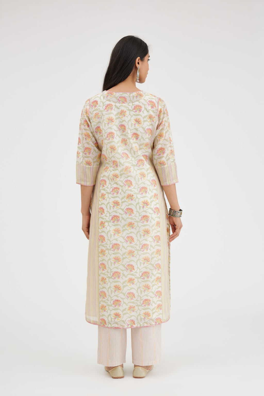 Pink and green straight kurta with hand block print, front placket neckline & side slits.