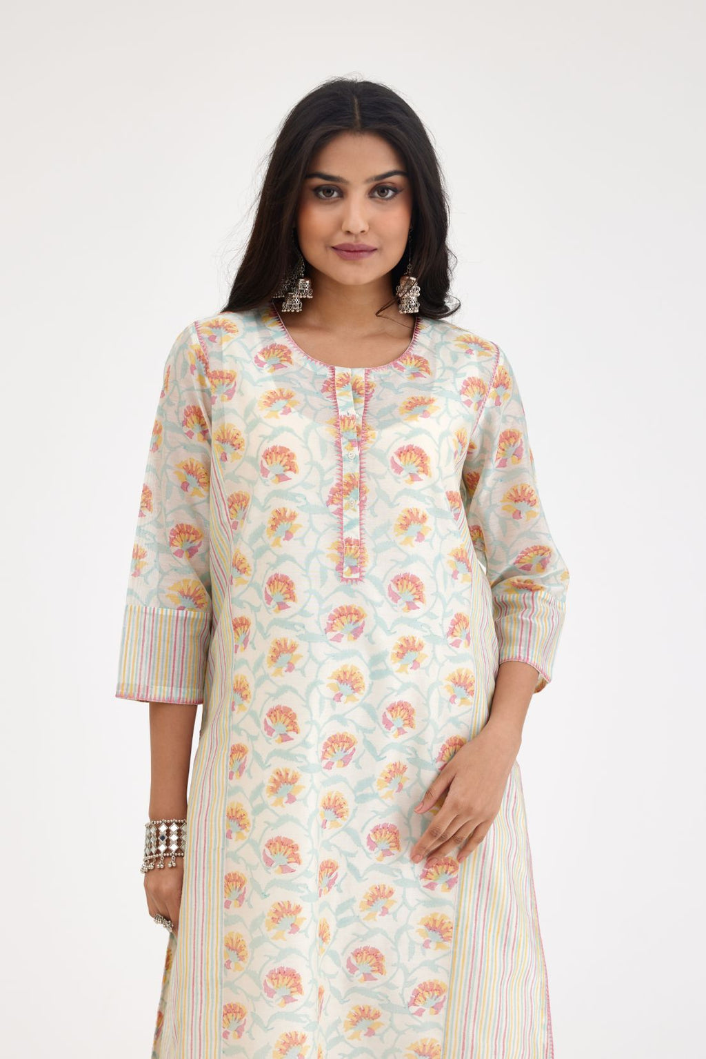 Pink and blue straight kurta with hand block print, front placket neckline & side slits.