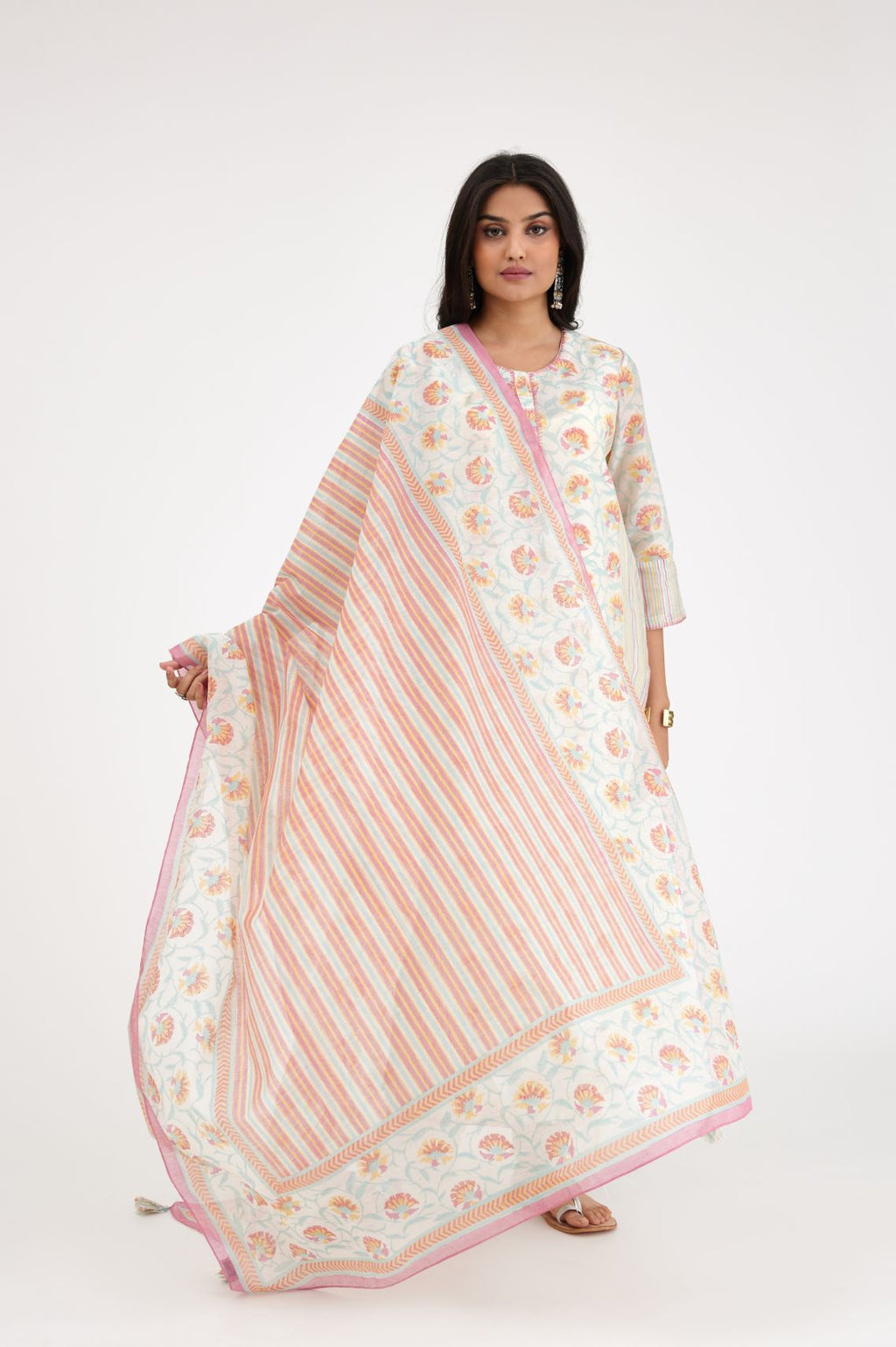 Pink and blue hand block printed Cotton Chanderi dupatta.