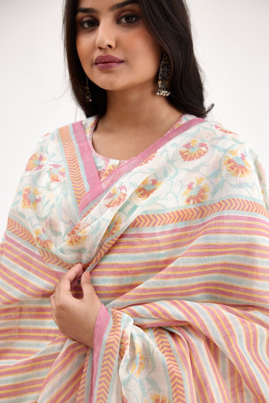 Pink and blue hand block printed Cotton Chanderi dupatta.