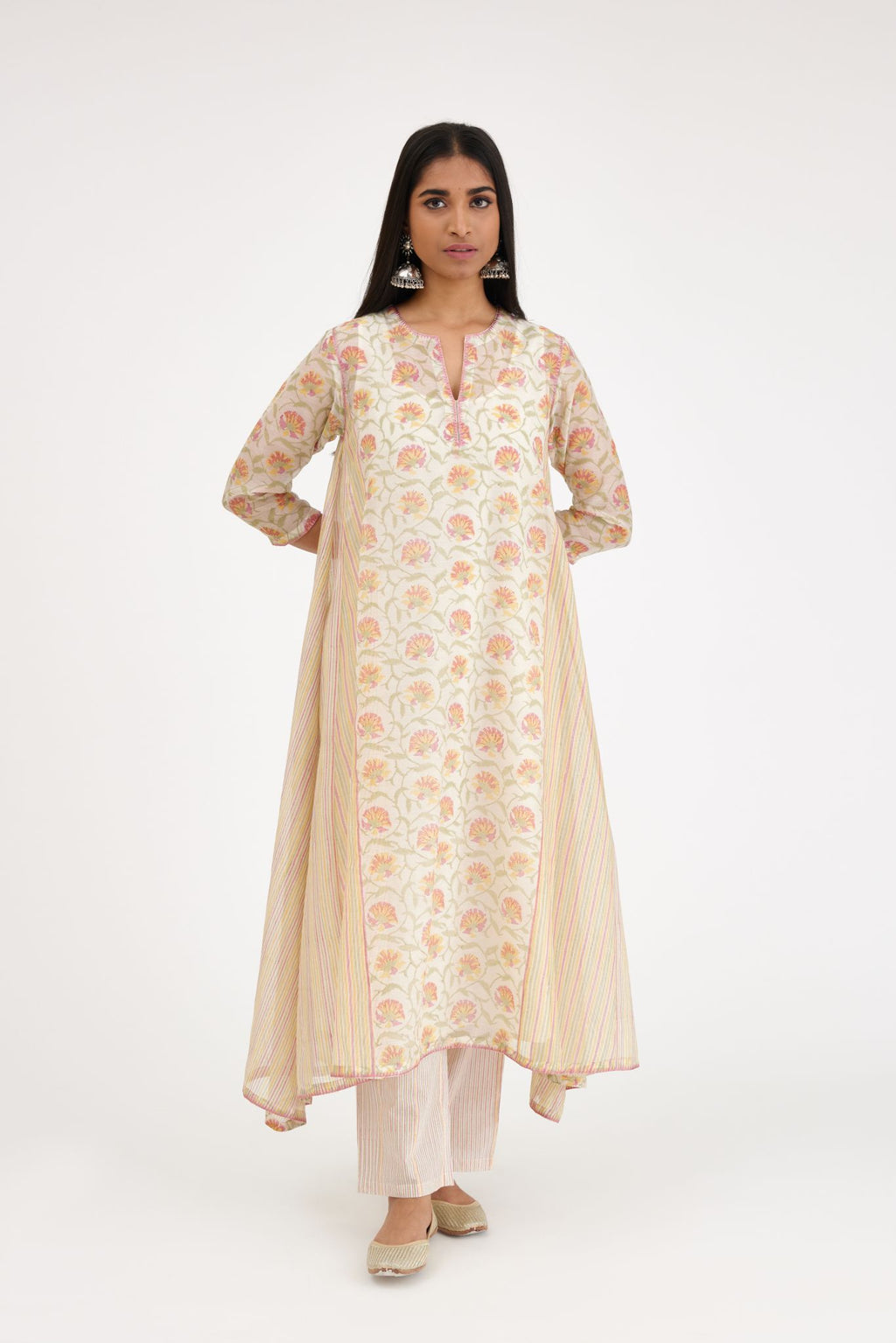 Pink and green hand block printed cotton chanderi kurta with asymmetric hem.