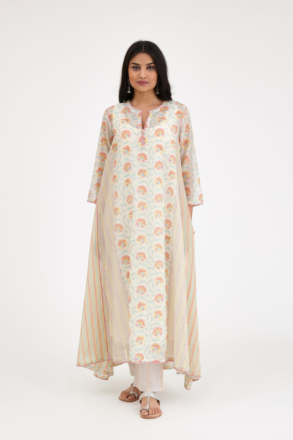 Pink and blue hand block printed cotton chanderi kurta set with asymmetric hem.