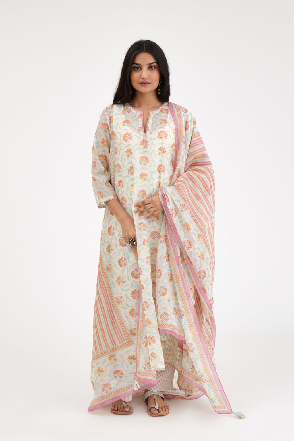 Pink and blue hand block printed cotton chanderi kurta set with asymmetric hem.