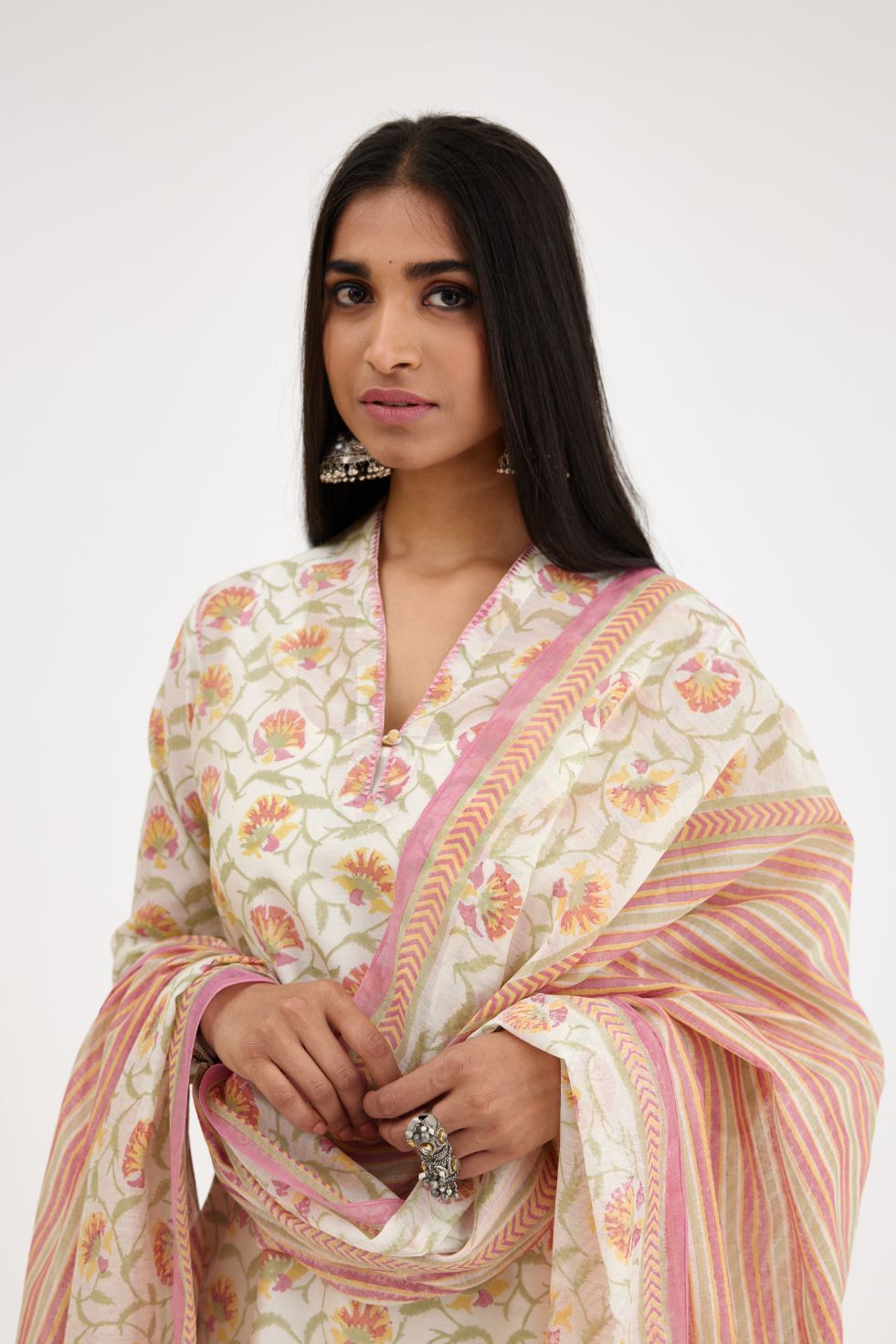 Pink and green hand block printed Cotton Chanderi dupatta.