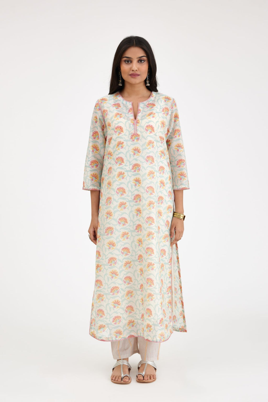 Pink and blue straight kurta set with hand block print, with slit in front neckline.