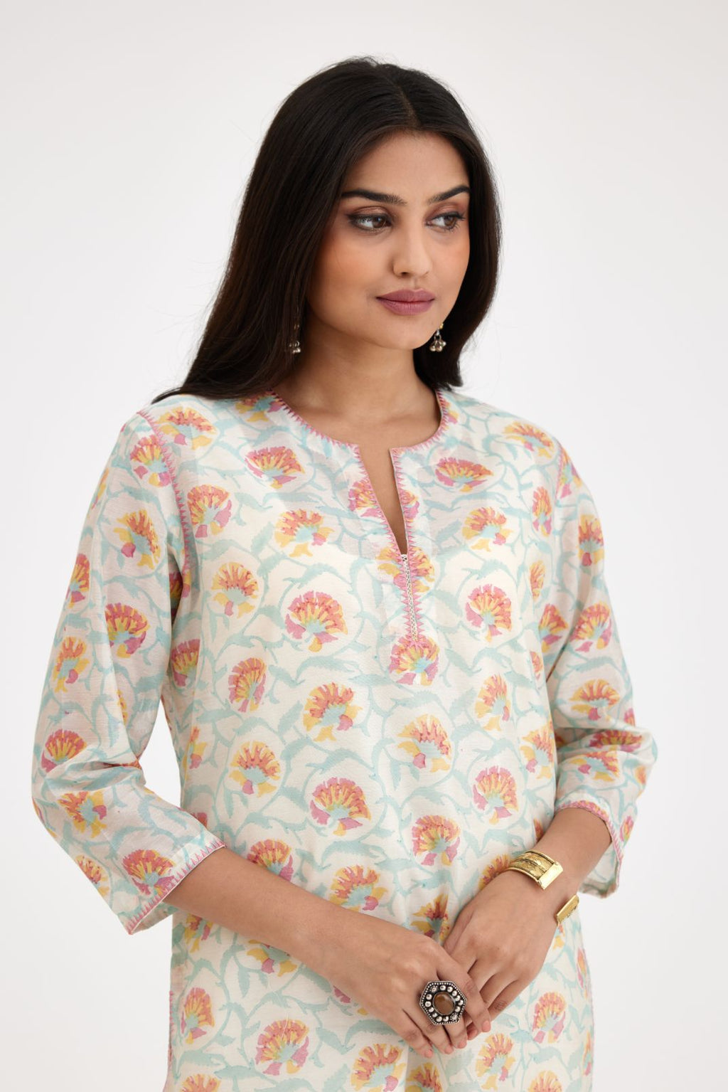 Pink and blue straight kurta set with hand block print, with slit in front neckline.