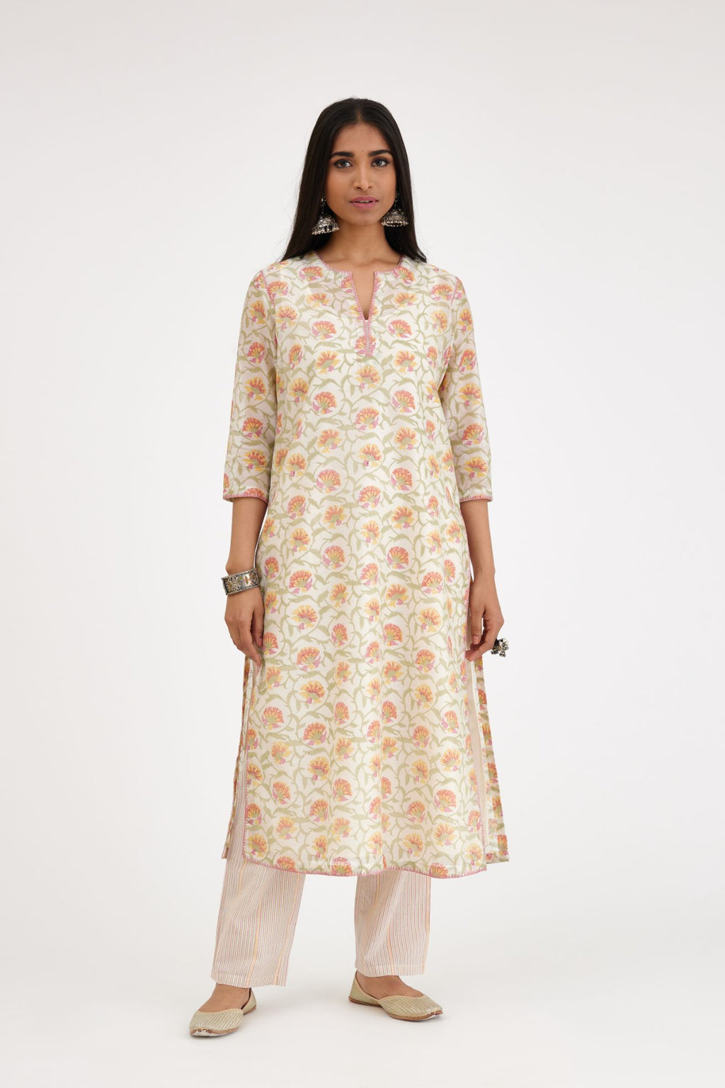 Pink and green straight kurta set with hand block print, with slit in front neckline.