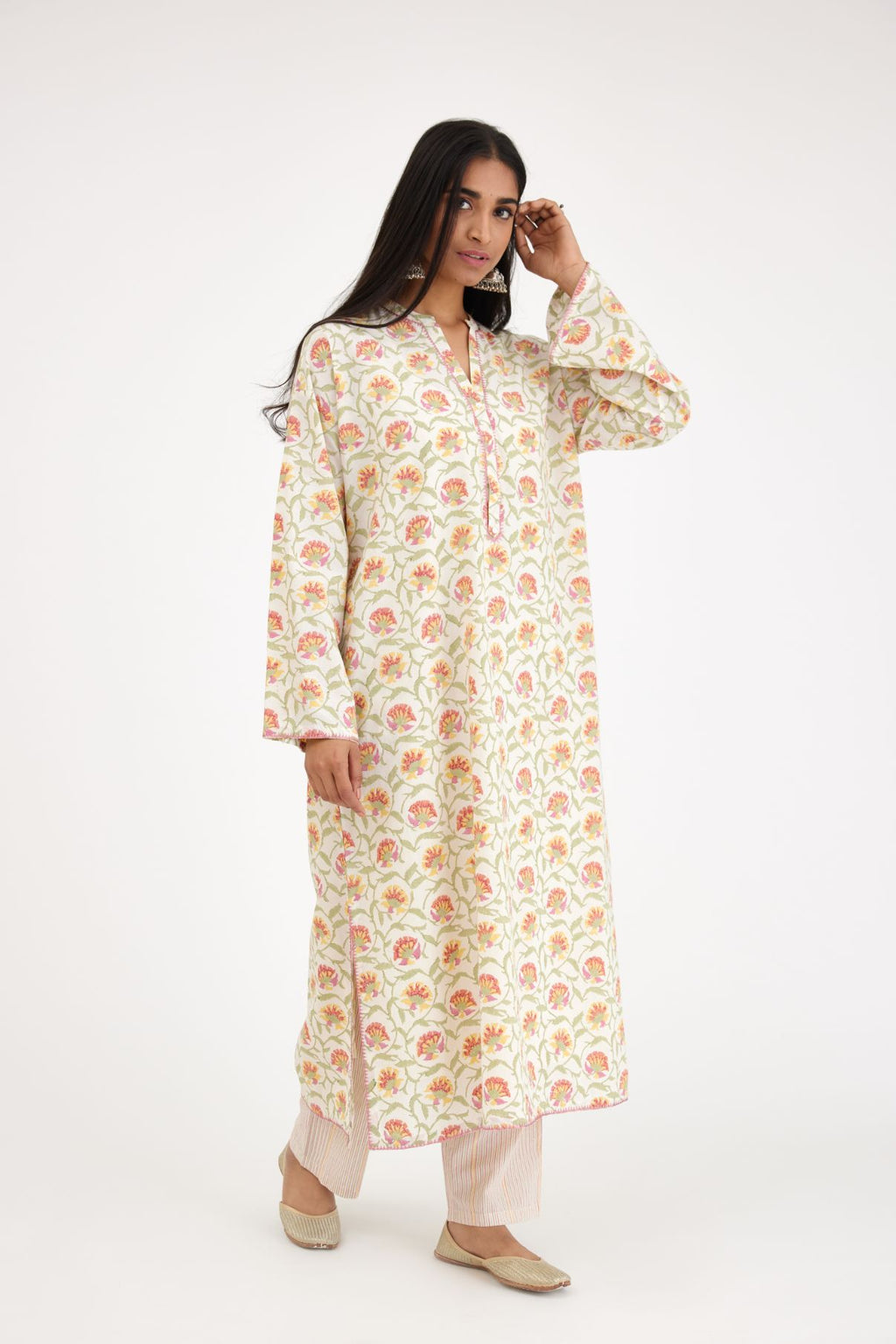 Pink and green hand block printed cotton kurta set with and long sleeves.