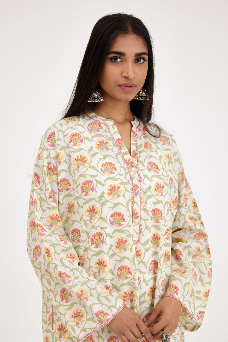 Pink and green hand block printed cotton kurta set with and long sleeves.