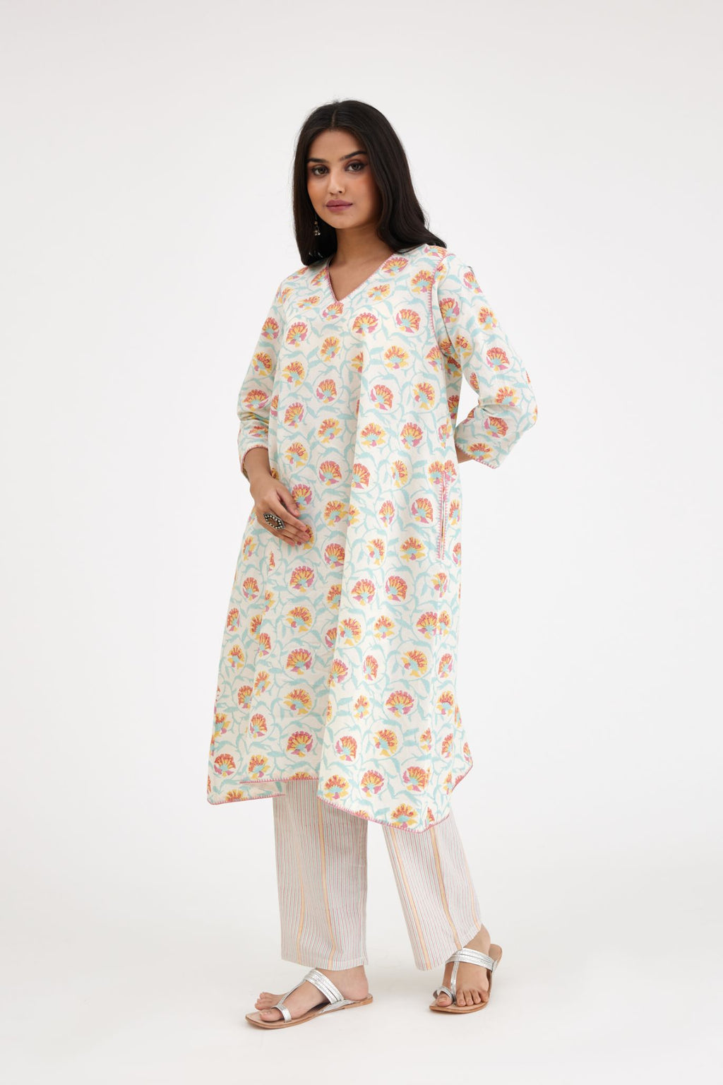 A-line hand block printed pink and blue cotton kurta set.