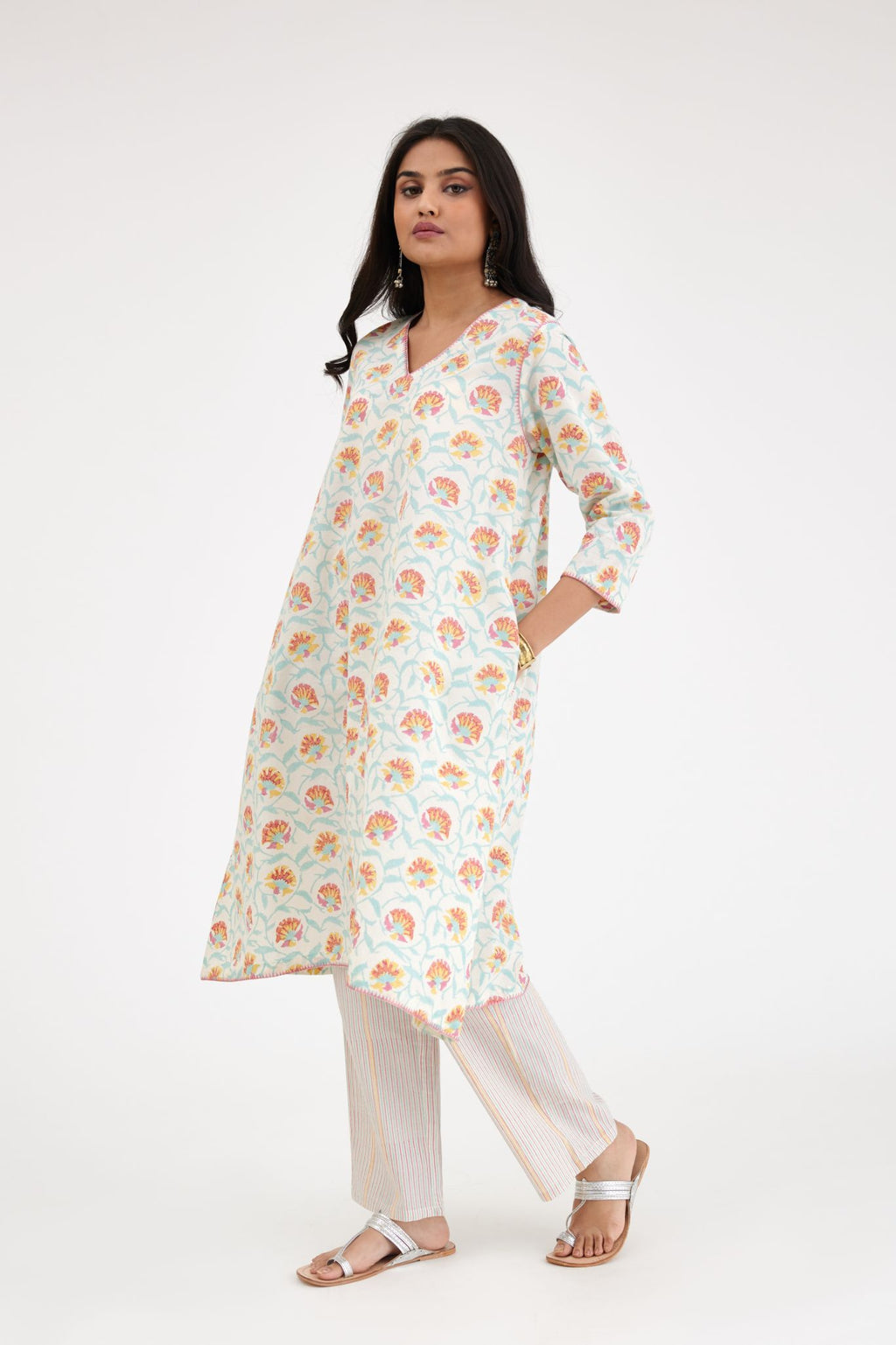 A-line hand block printed pink and blue cotton kurta set.