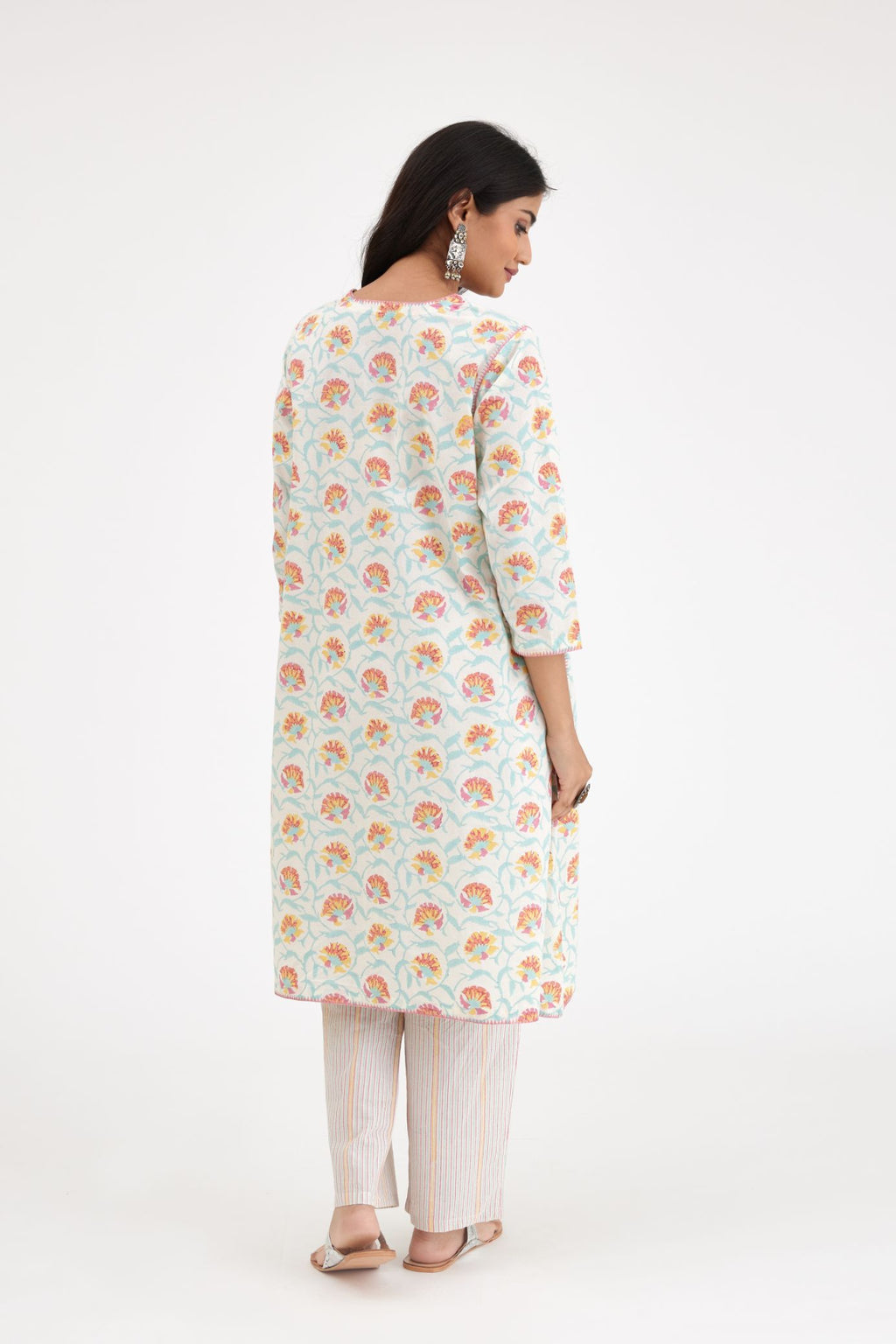 A-line hand block printed pink and blue cotton kurta set.