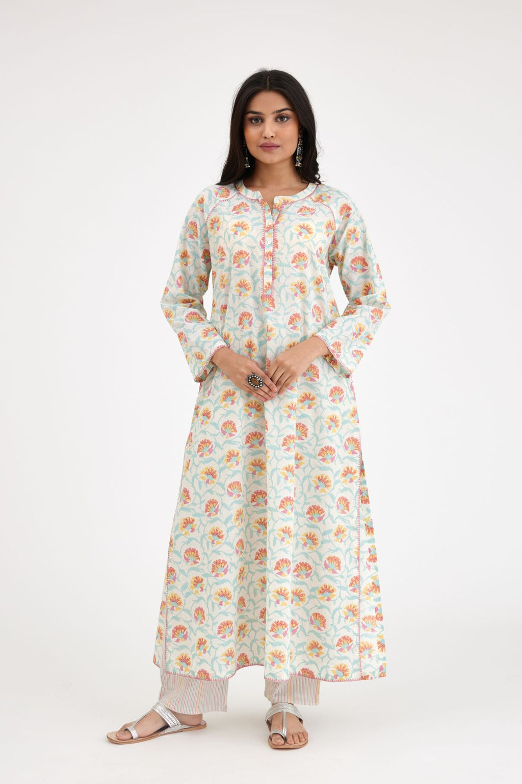 Pink and blue hand block printed easy fit cotton kurta set with front placket neckline.