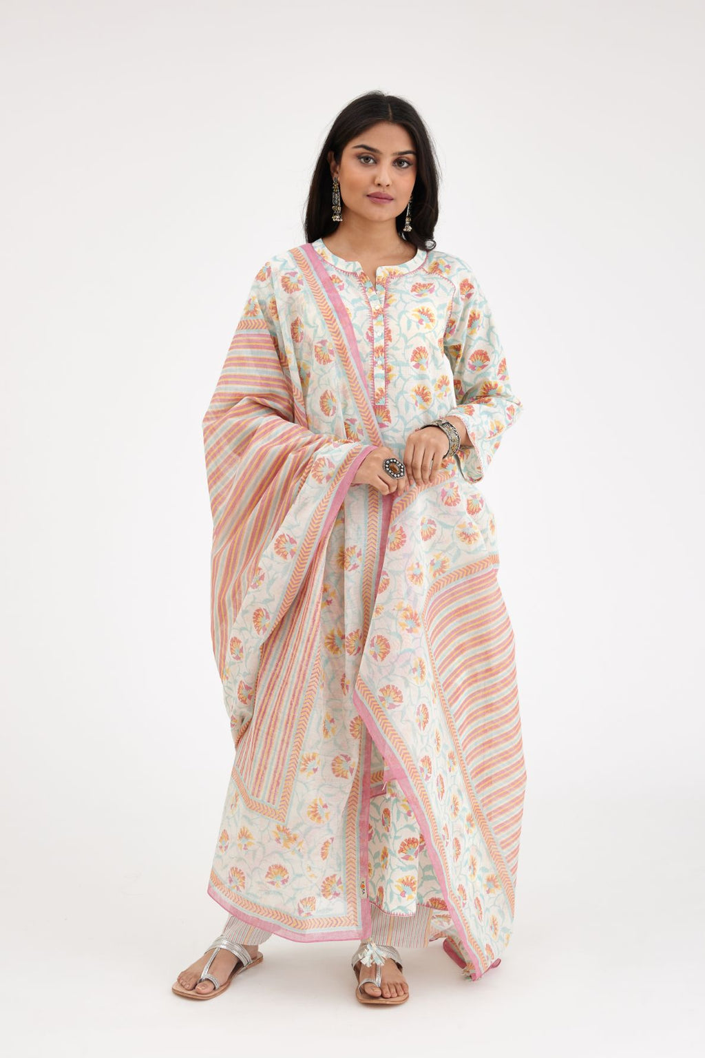 Pink and blue hand block printed Cotton Chanderi dupatta.