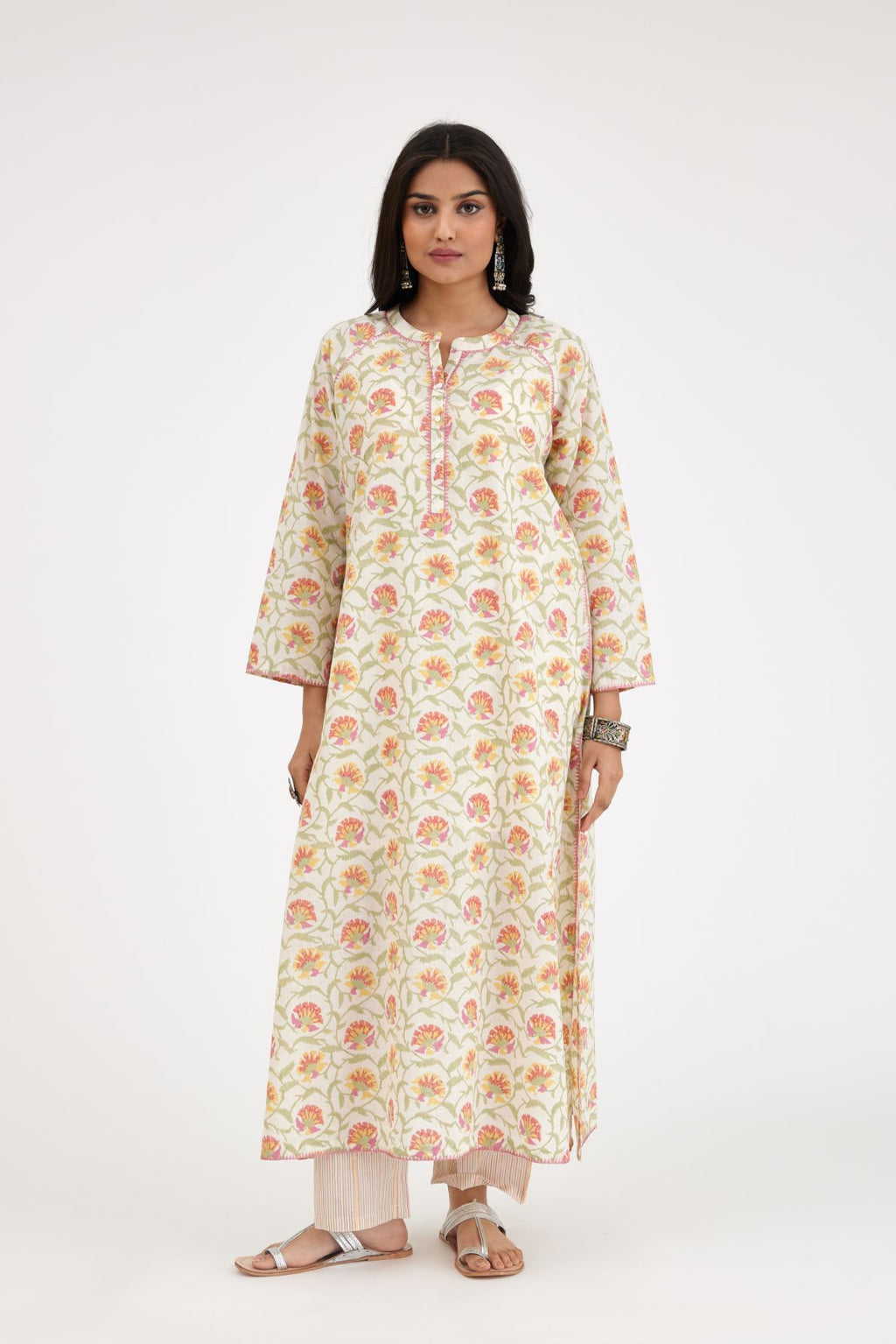 Pink and green hand block printed easy fit cotton kurta set with front placket neckline.