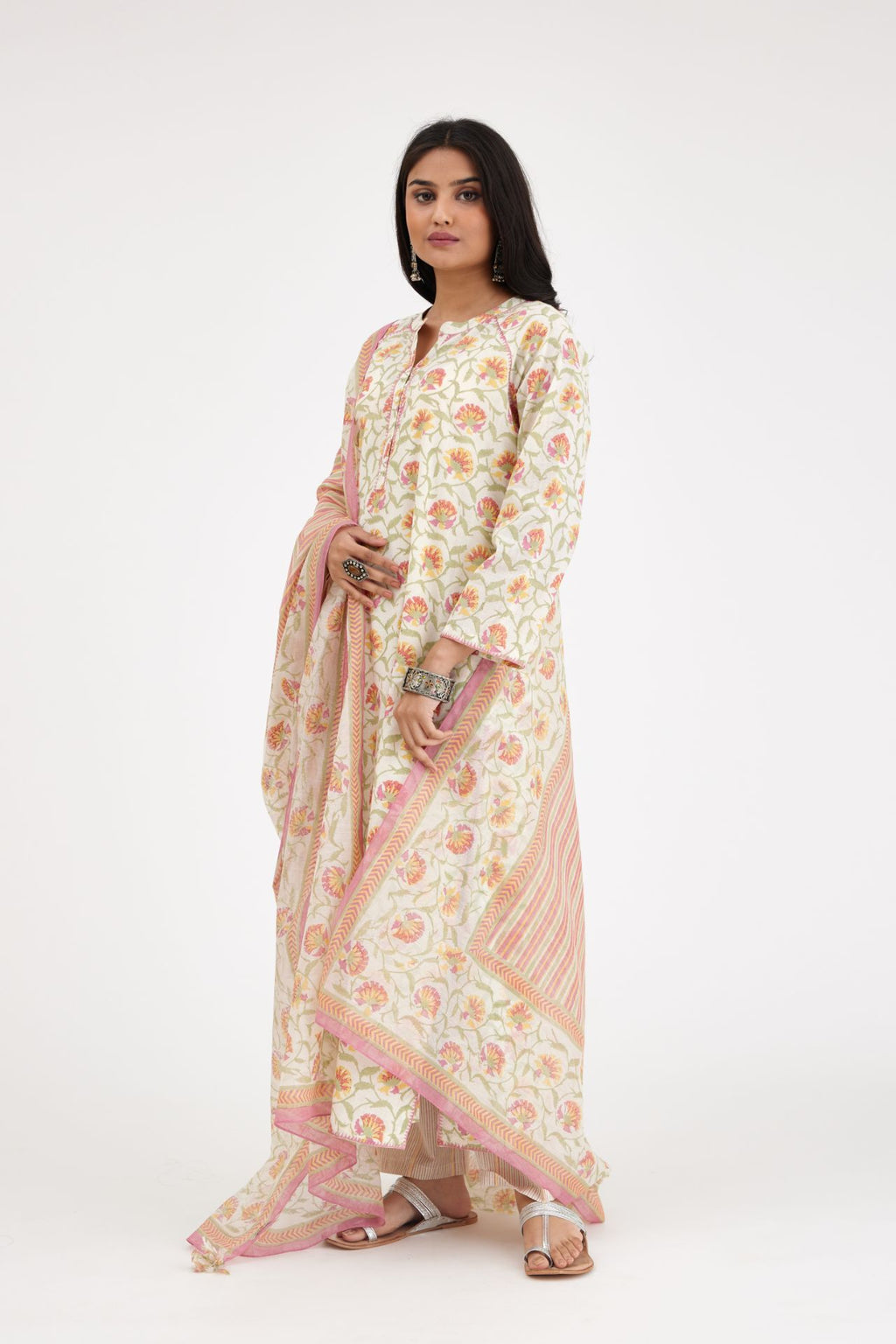 Pink and green hand block printed easy fit cotton kurta set with front placket neckline.