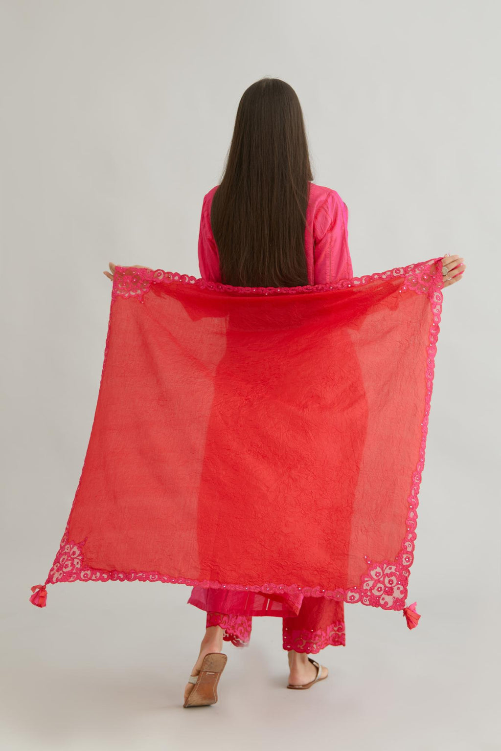 Red hand crushed silk square scarf with silk and organza cutwork embroidery and hand attached mirrors.