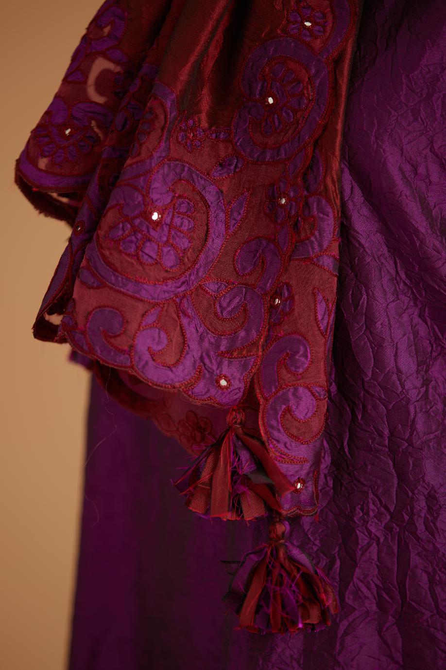 Maroon hand crushed silk stole with silk and organza cutwork embroidery and hand attached mirrors.